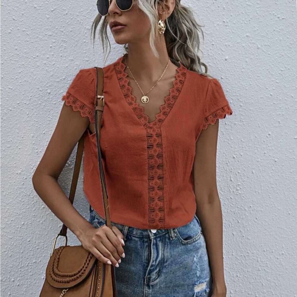 SHEIN guipure lace trim solid blouse